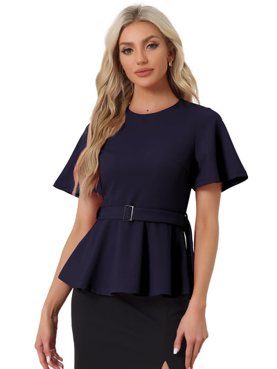 Peplum Round Neck Bell Sleeve Belted Waist Office Blouse