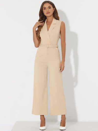 Sleeveless Button Front Closure Long Leg Pocket Belted Jumpsuits