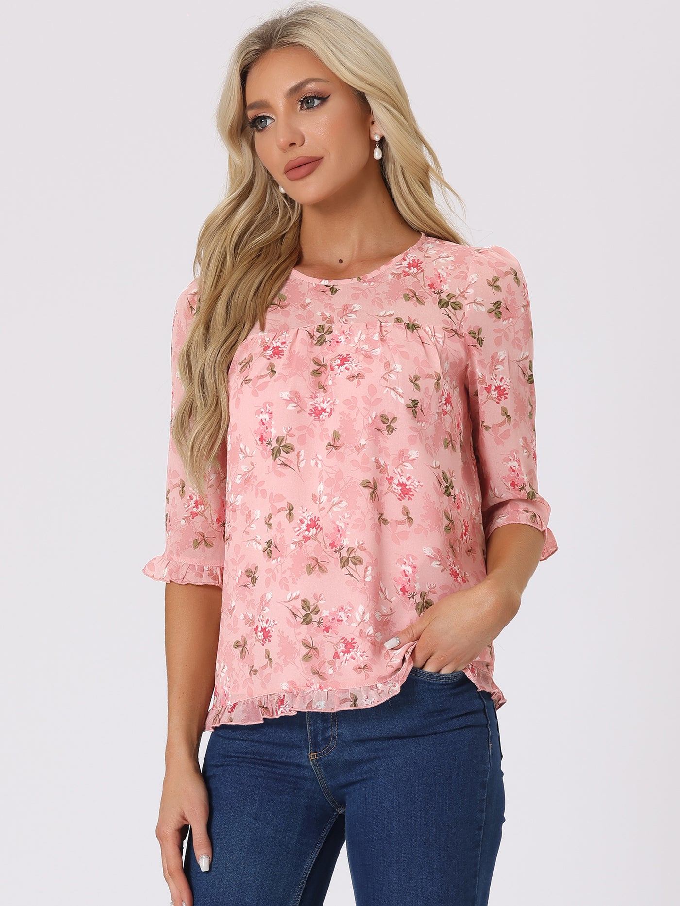 Allegra K Casual Ruffle 3/4 Sleeve Floral Print Chiffon Blouse