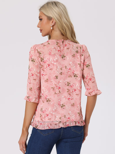 Casual Ruffle 3/4 Sleeve Floral Print Chiffon Blouse