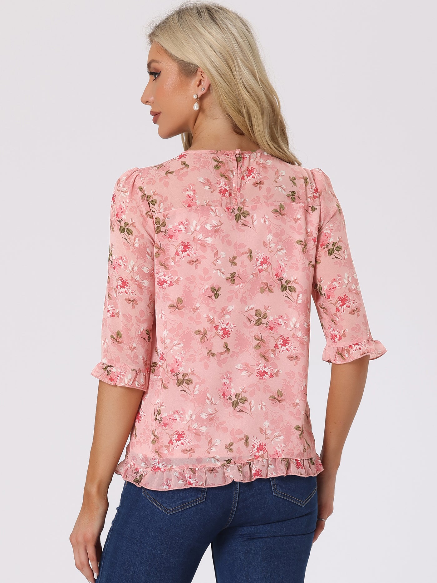 Allegra K Casual Ruffle 3/4 Sleeve Floral Print Chiffon Blouse