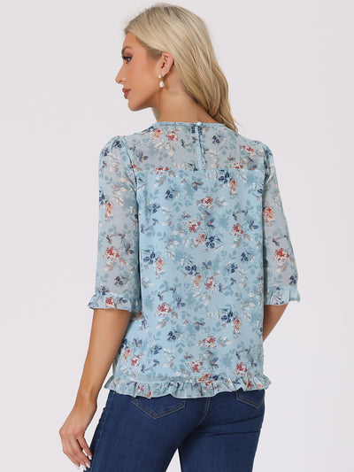 Casual Ruffle Floral Print 3/4 Sleeve Chiffon Blouse