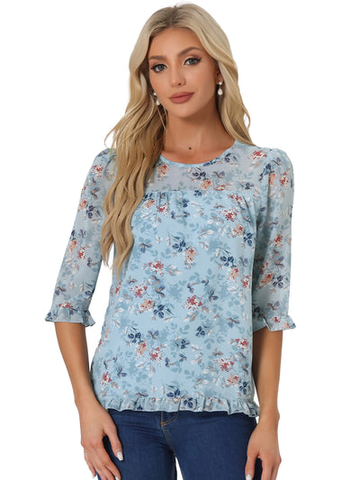 Casual Ruffle Floral Print 3/4 Sleeve Chiffon Blouse