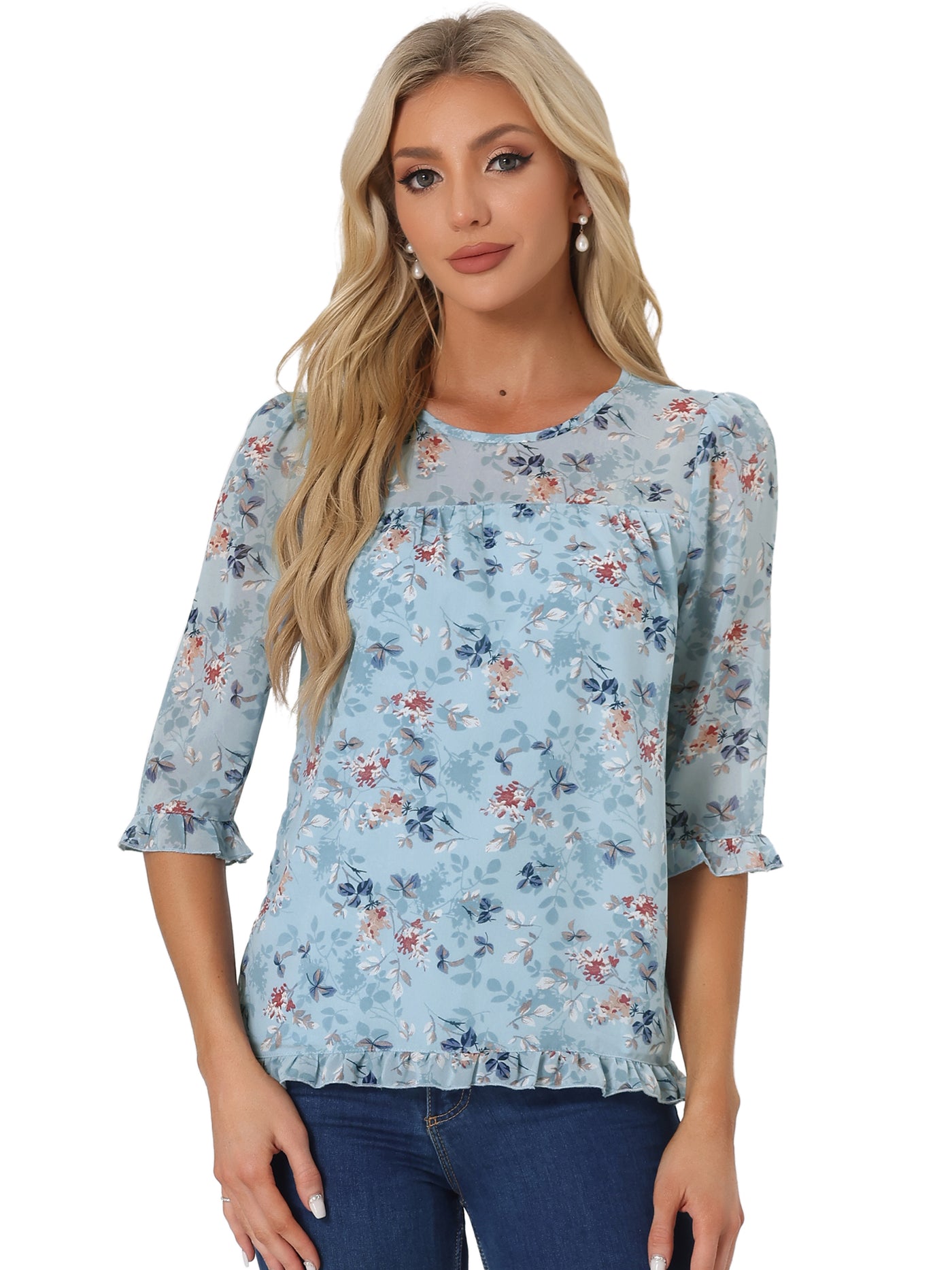 Allegra K Casual Ruffle Floral Print 3/4 Sleeve Chiffon Blouse