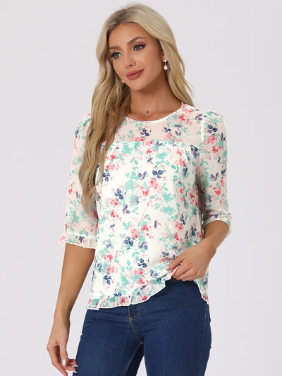 Casual Ruffle Floral Print 3/4 Sleeve Chiffon Blouse