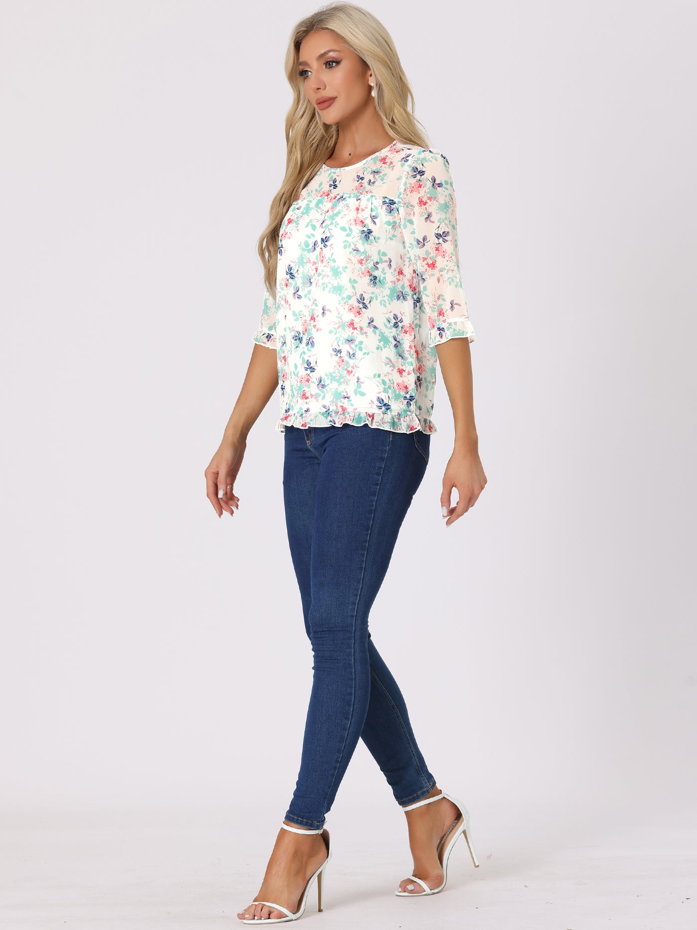 Allegra K Casual Ruffle Floral Print 3/4 Sleeve Chiffon Blouse