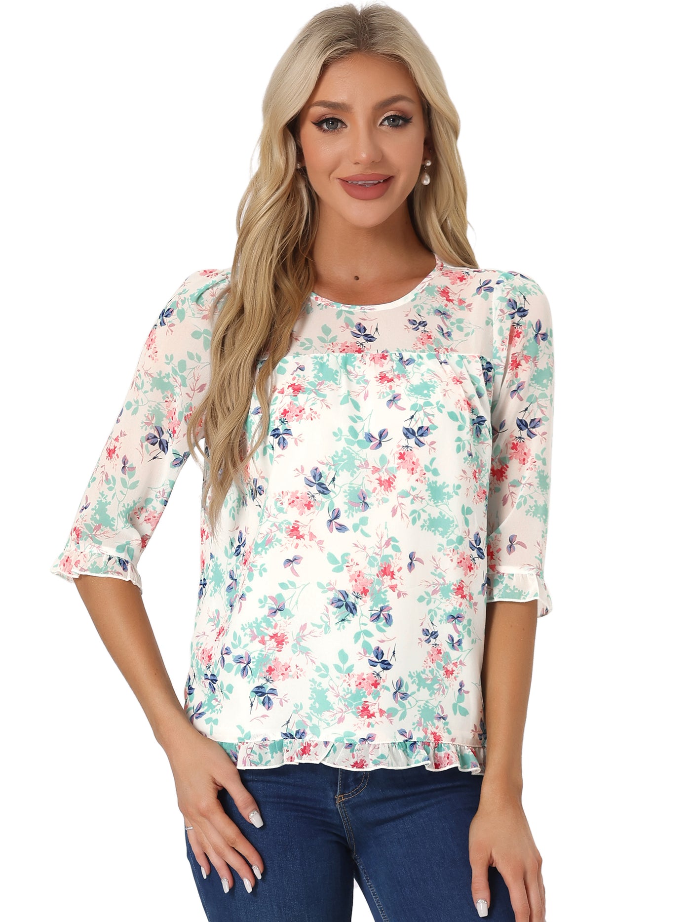 Allegra K Casual Ruffle Floral Print 3/4 Sleeve Chiffon Blouse