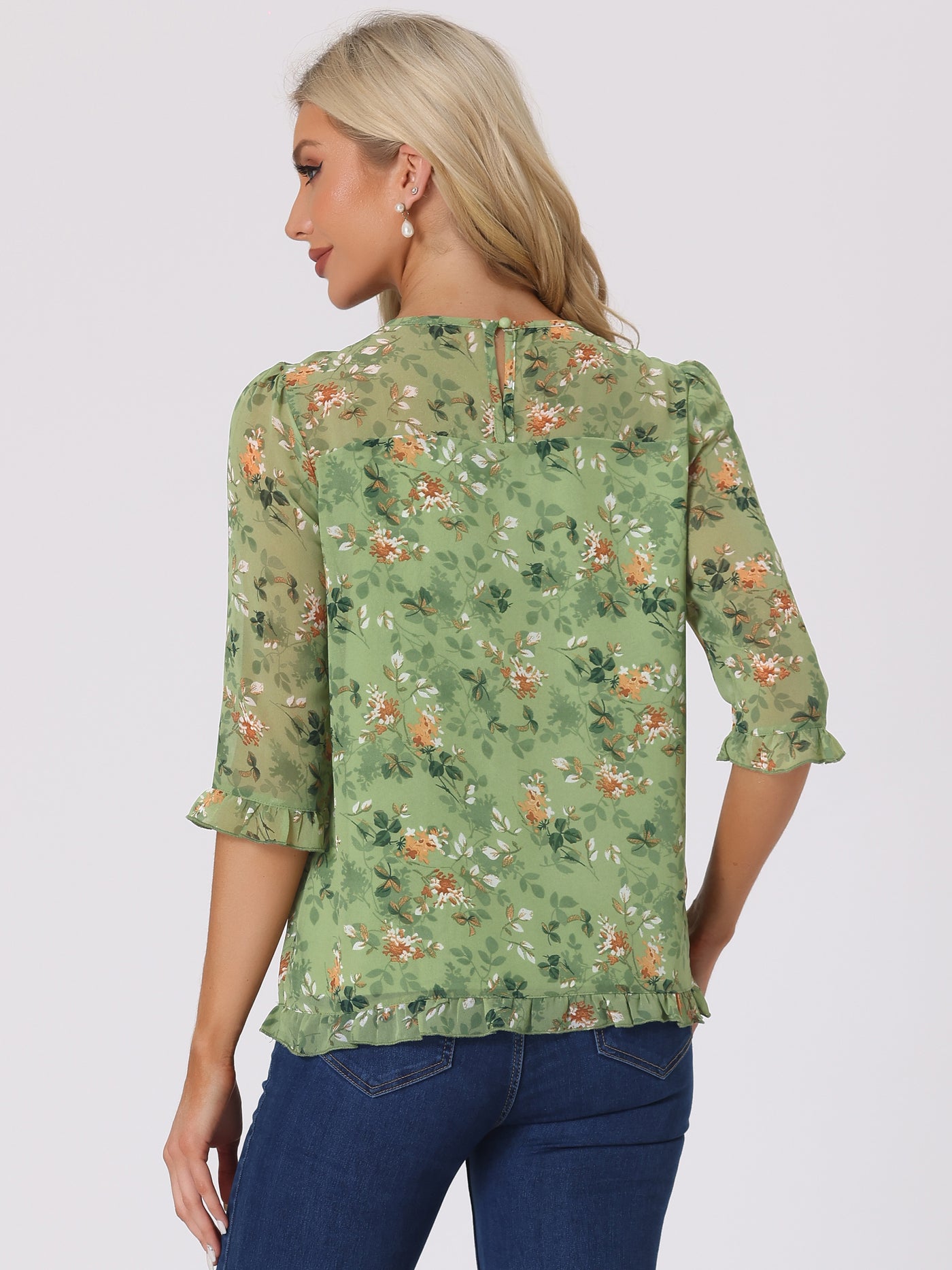 Allegra K Casual Ruffle 3/4 Sleeve Floral Print Chiffon Blouse