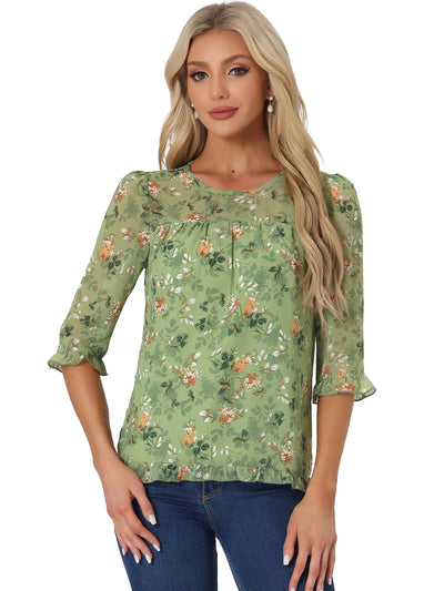 Casual Ruffle 3/4 Sleeve Floral Print Chiffon Blouse