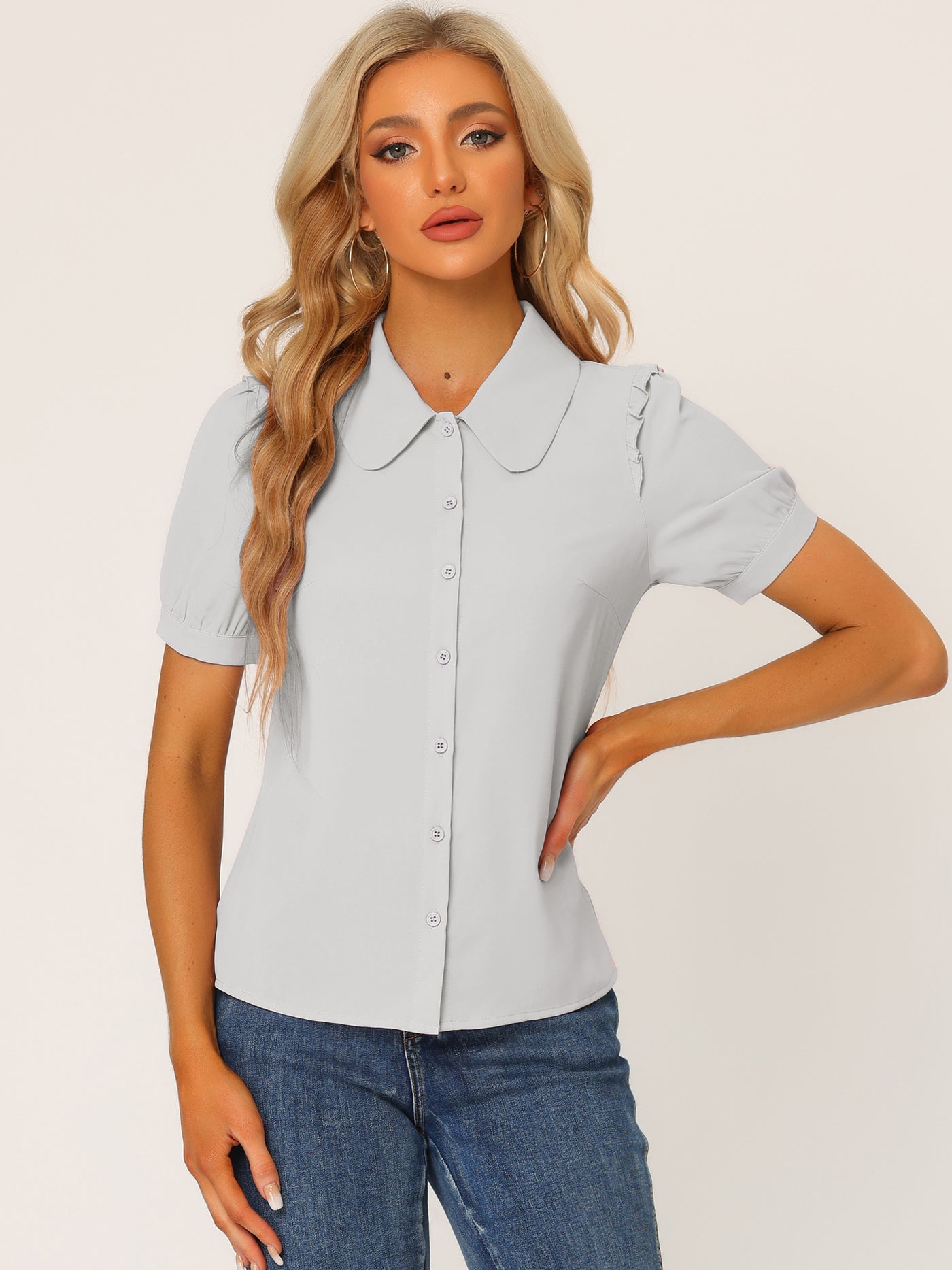 Allegra K Work Collared Peter Pan Collar Short Sleeve Button Front Shirt