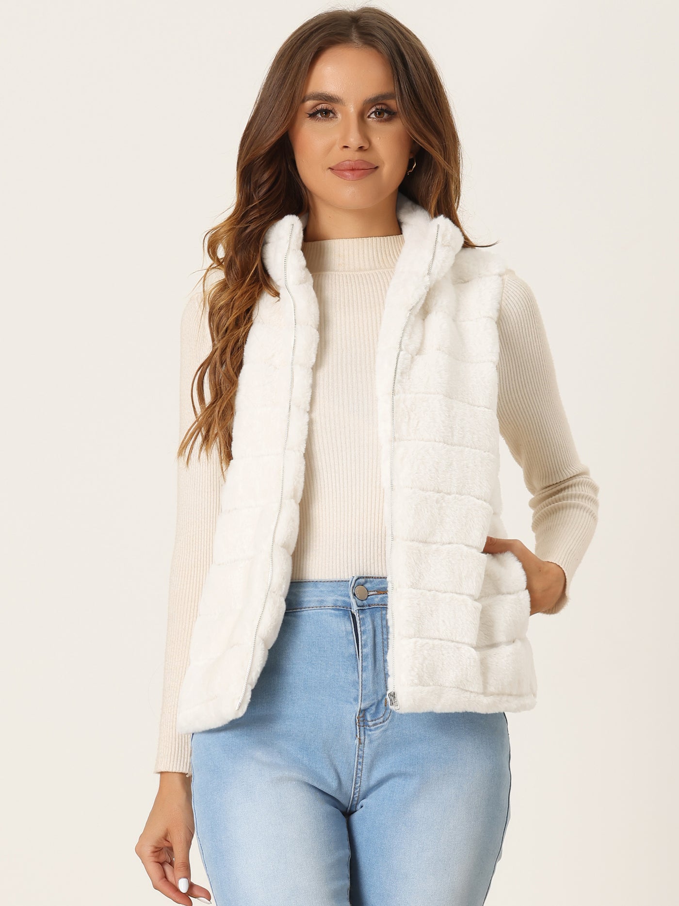 Allegra K Fluffy Vest Jacket Stand Collar Sleeveless Faux Fur Coat