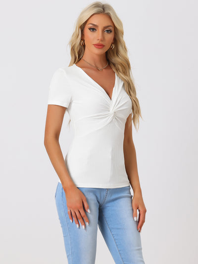 Twist Front Short Sleeve V Neck Casual Blouse Top