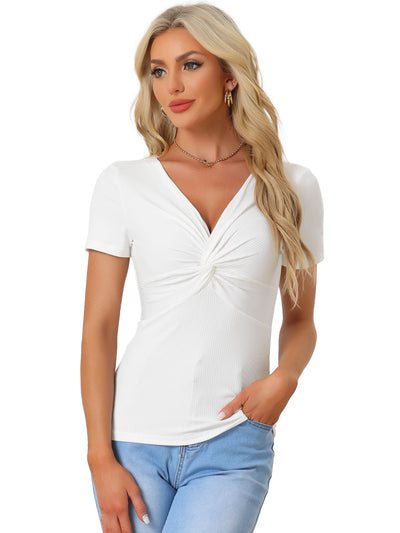 Twist Front Short Sleeve V Neck Casual Blouse Top