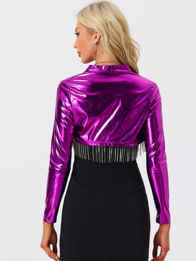 Women's Cropped Bolero Holographic Party Shimmering Shiny Lightweight Metallic Cardigan