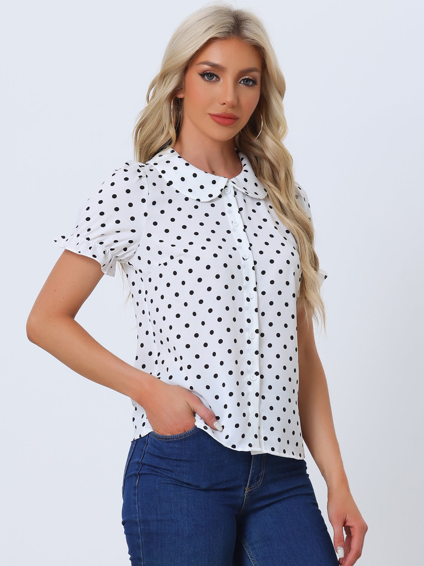 Allegra K Polka Dot Short Puff Sleeve Button Up Peter Pan Collar Blouse