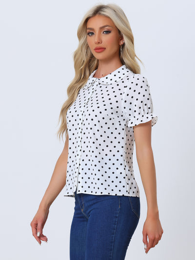 Polka Dot Short Puff Sleeve Button Up Peter Pan Collar Blouse