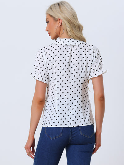 Polka Dot Short Puff Sleeve Button Up Peter Pan Collar Blouse