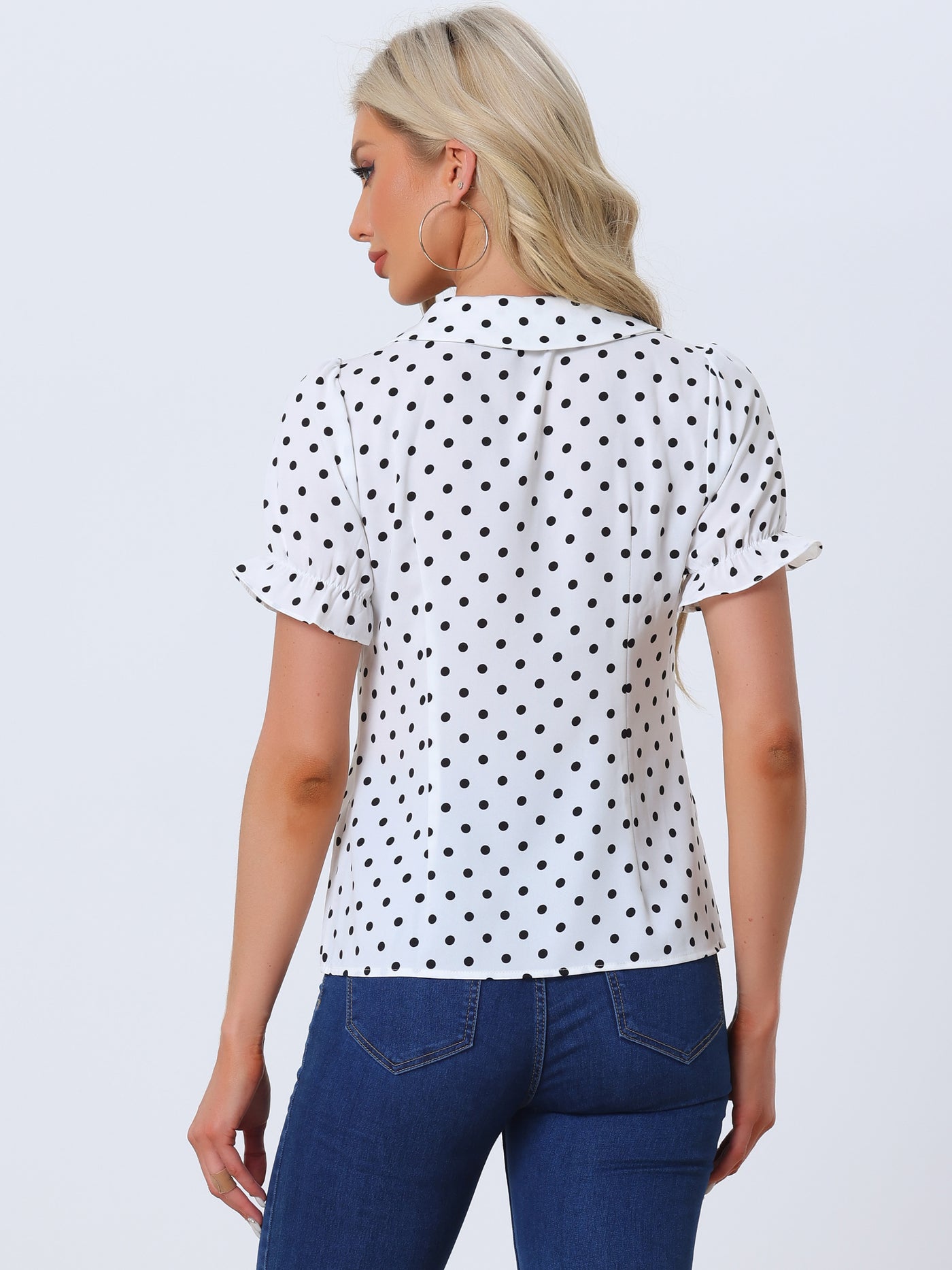 Allegra K Polka Dot Short Puff Sleeve Button Up Peter Pan Collar Blouse