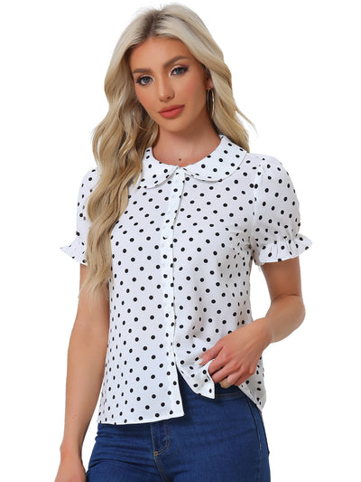 Polka Dot Short Puff Sleeve Button Up Peter Pan Collar Blouse