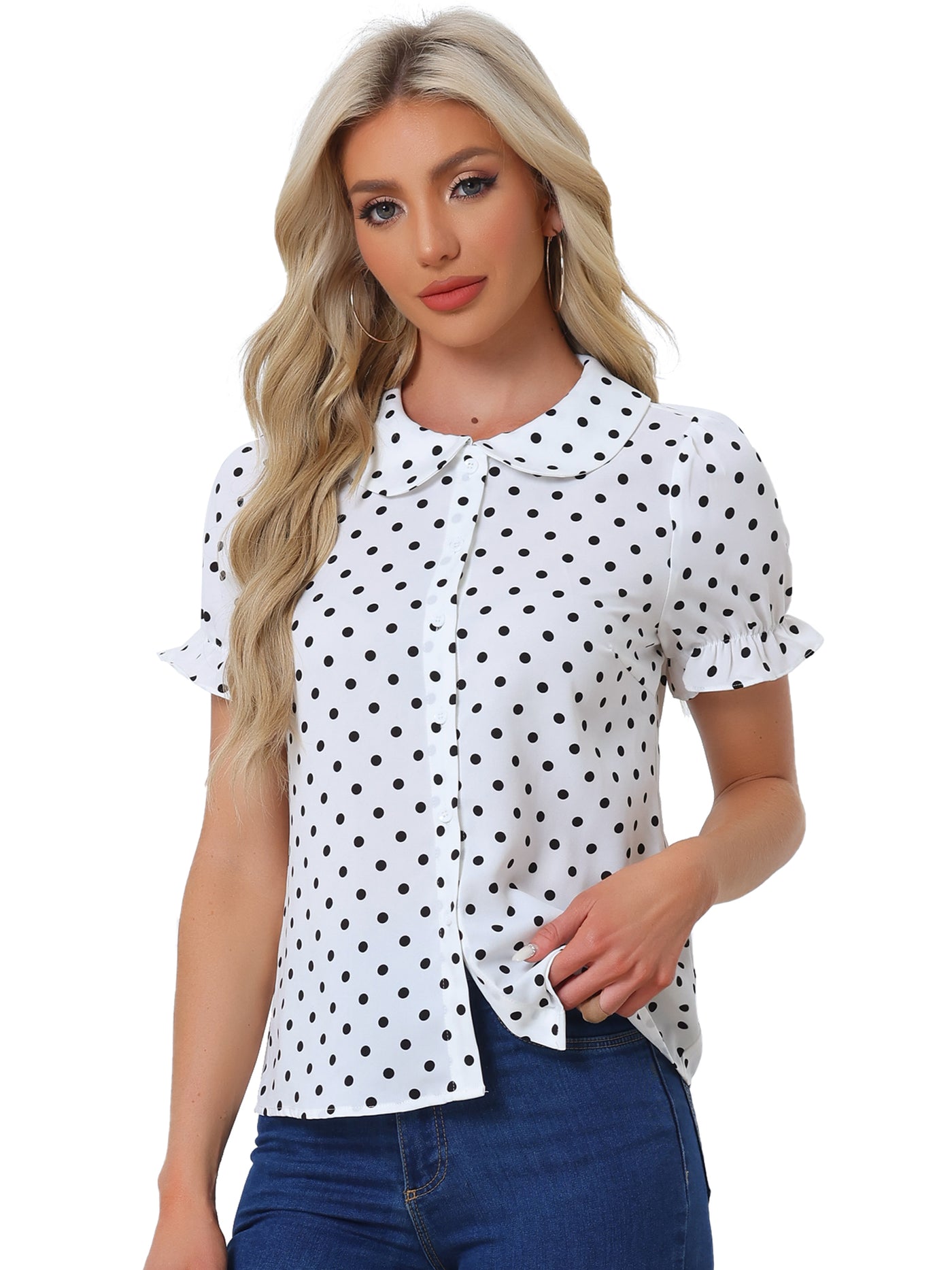 Allegra K Polka Dot Short Puff Sleeve Button Up Peter Pan Collar Blouse