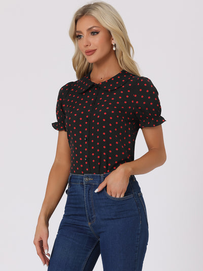 Polka Dot Short Puff Sleeve Button Up Peter Pan Collar Blouse