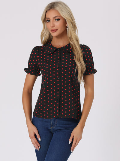 Polka Dot Short Puff Sleeve Button Up Peter Pan Collar Blouse