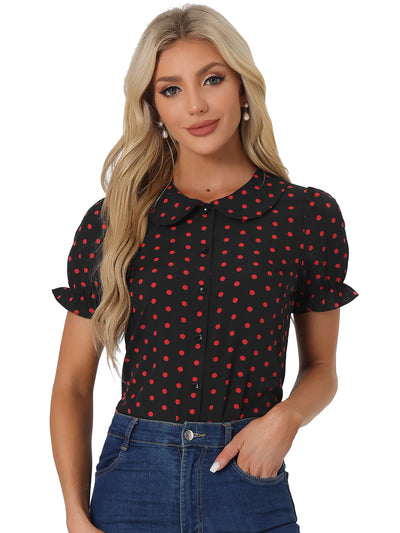 Polka Dot Short Puff Sleeve Button Up Peter Pan Collar Blouse