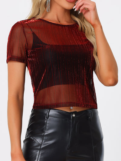 Mesh Short Sleeve Mesh Metallic Party See Through Crop Shirt