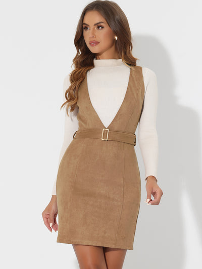 Retro Overalls Suspenders Belted V Neck Faux Suede Pinafore Dress