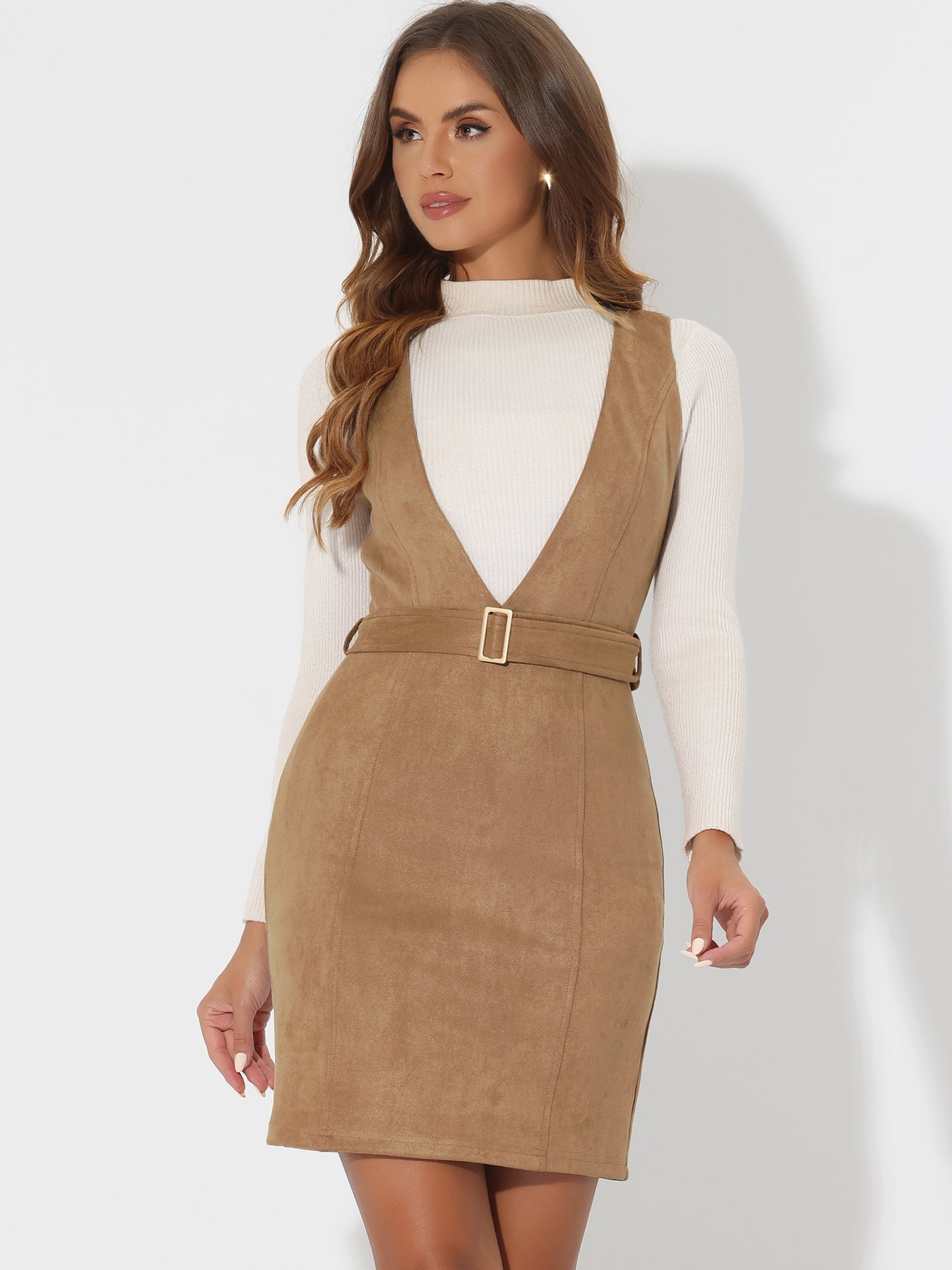 Allegra K Retro Overalls Suspenders Belted V Neck Faux Suede Pinafore Dress