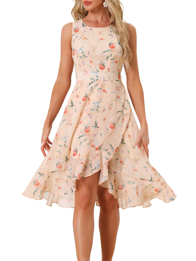 Ruffle High Low Hem Round Neck Sleeveless Floral Midi Dress