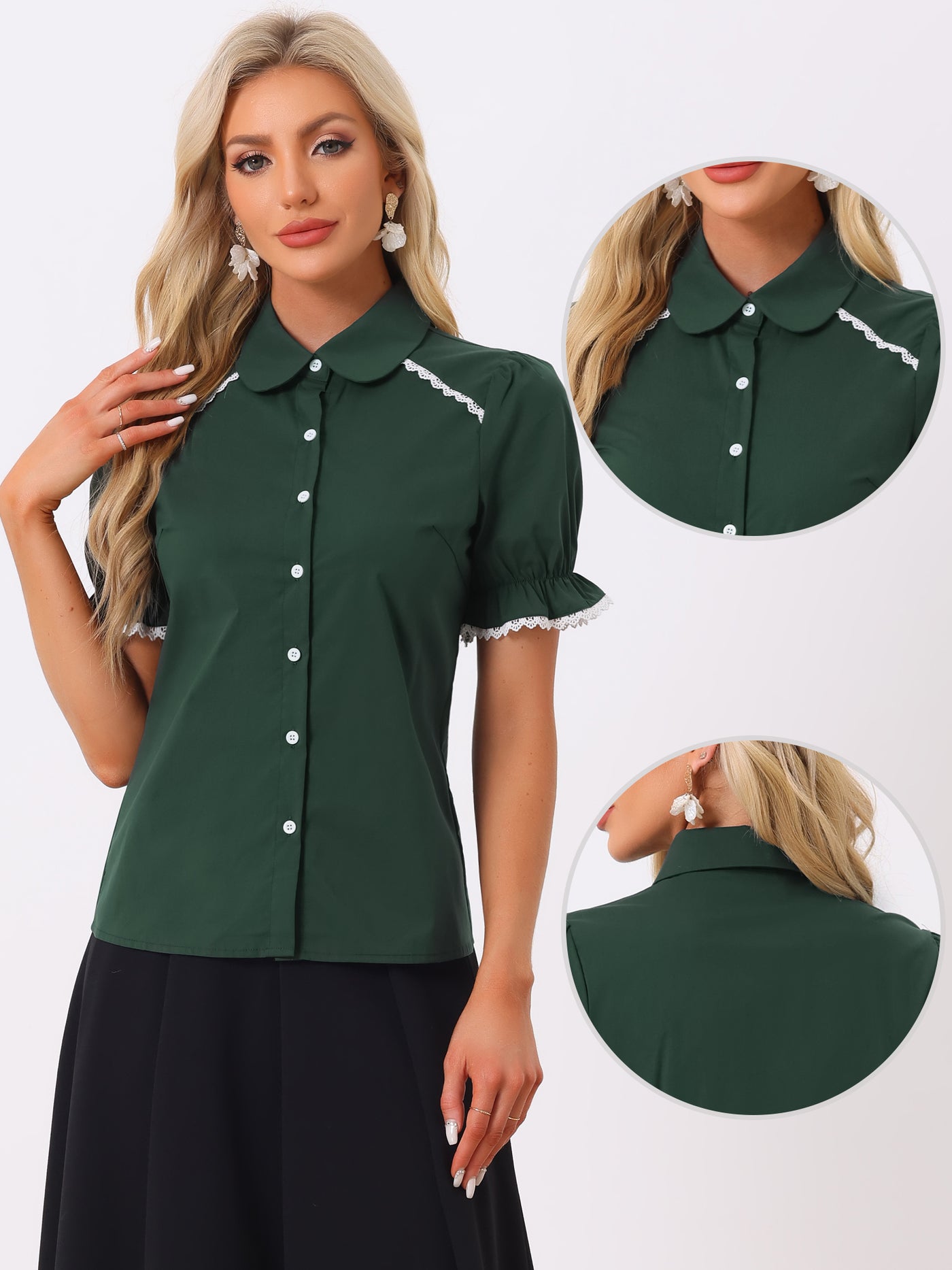Allegra K Vintage Peter Pan Collar Blouse Short Sleeve Button Down Shirt