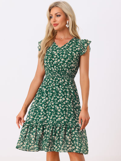 Floral Flutter Sleeve V Neck Smocked Ruffle Dress