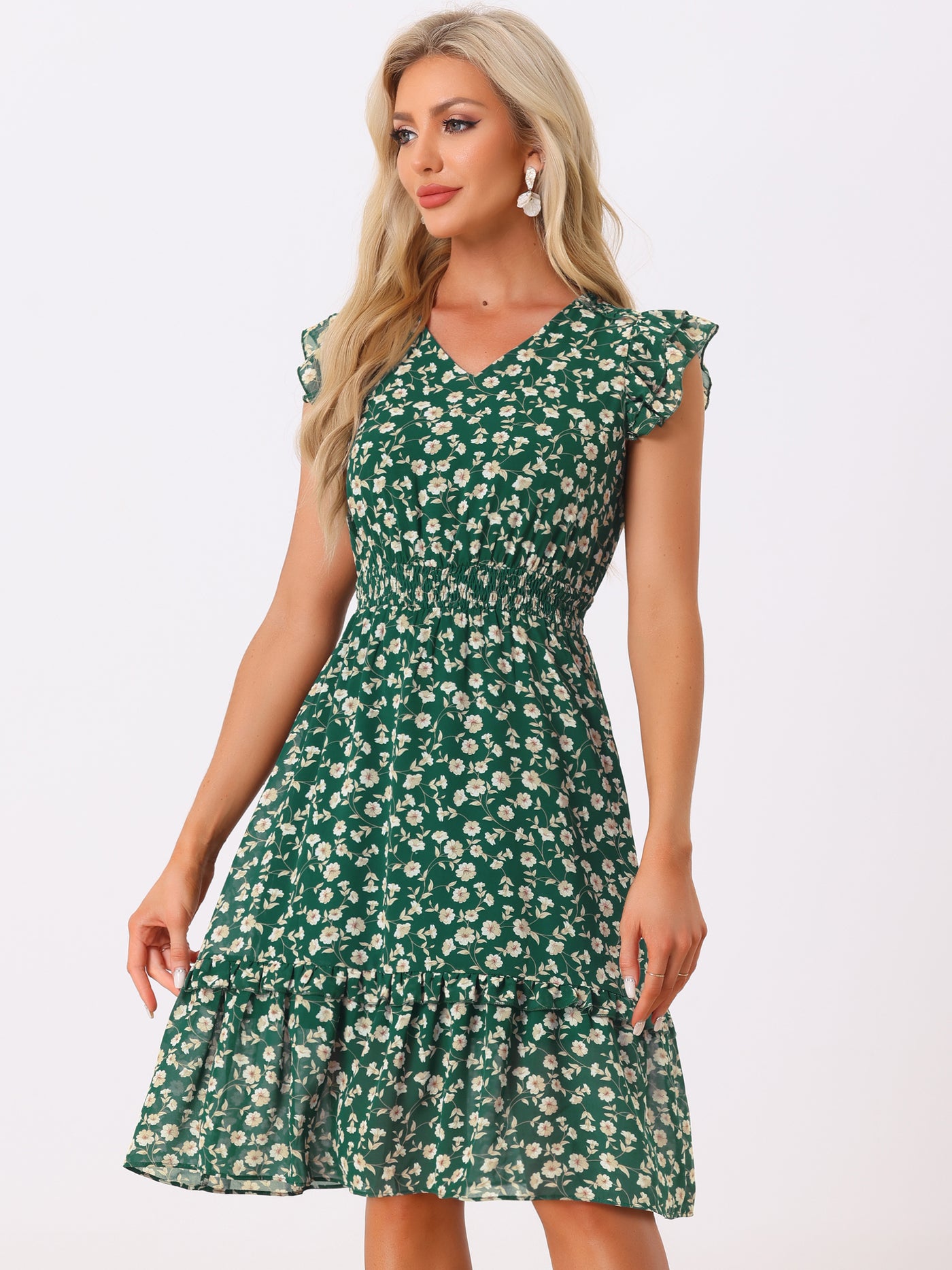 Allegra K Floral Flutter Sleeve V Neck Smocked Ruffle Dress