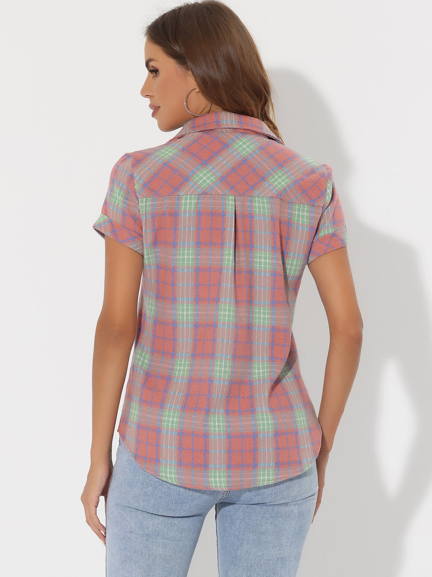 Allegra K Cotton Classic Button Down Plaid Short Sleeve Shirt