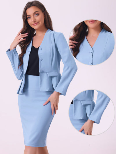 2 Piece Long Sleeve Collarless Peplum Blazer and Pencil Skirt Work Suit Set