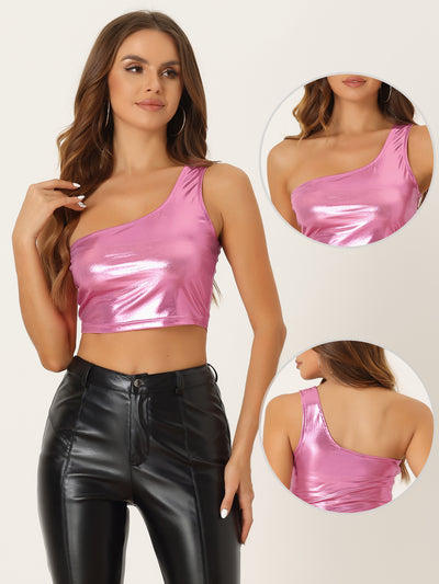 Metallic Cropped Top One Shoulder Party Blouse