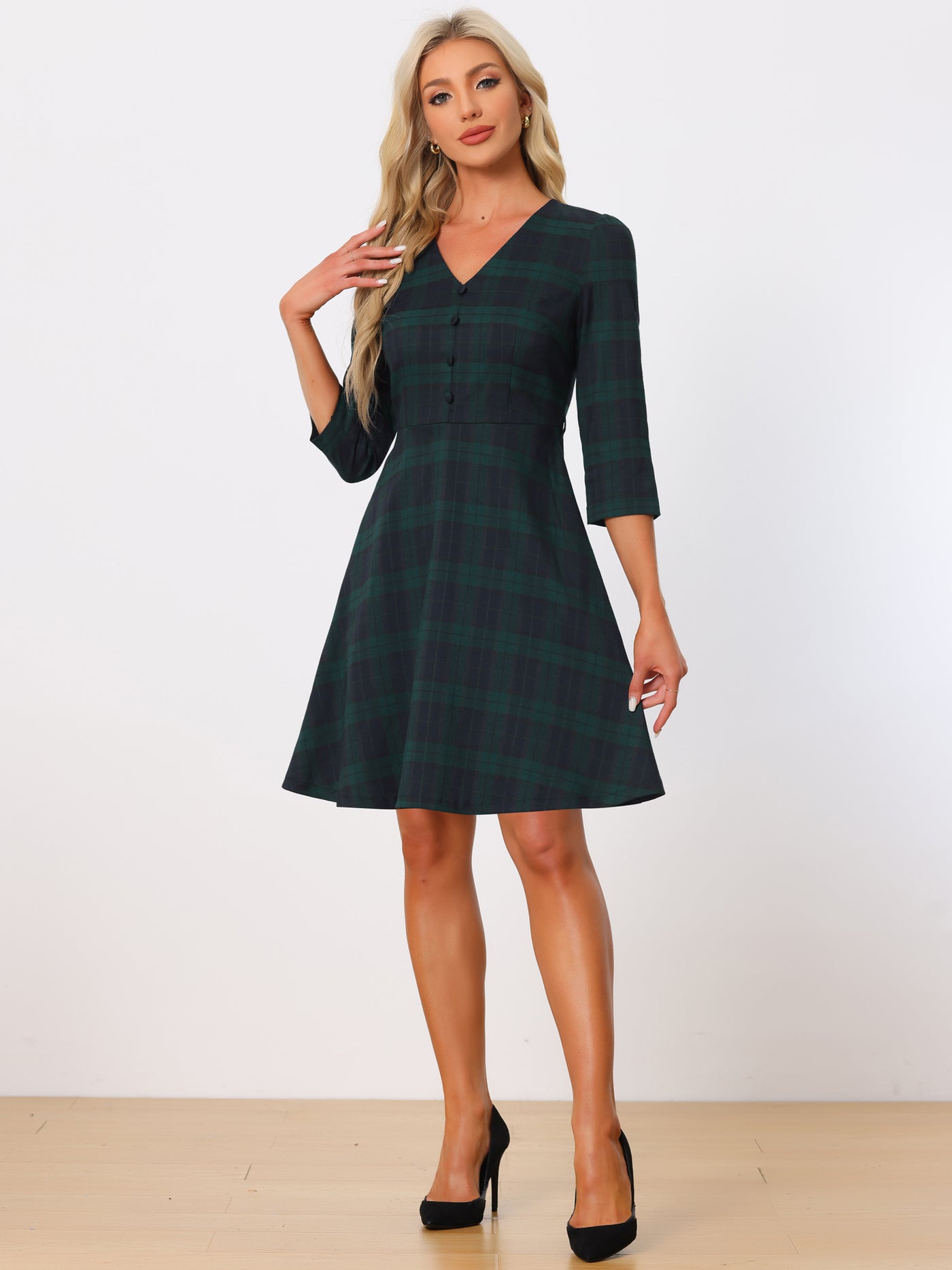 Allegra K Retro Plaid V Neck 3/4 Sleeve Button Decor Belted A-Line Dress