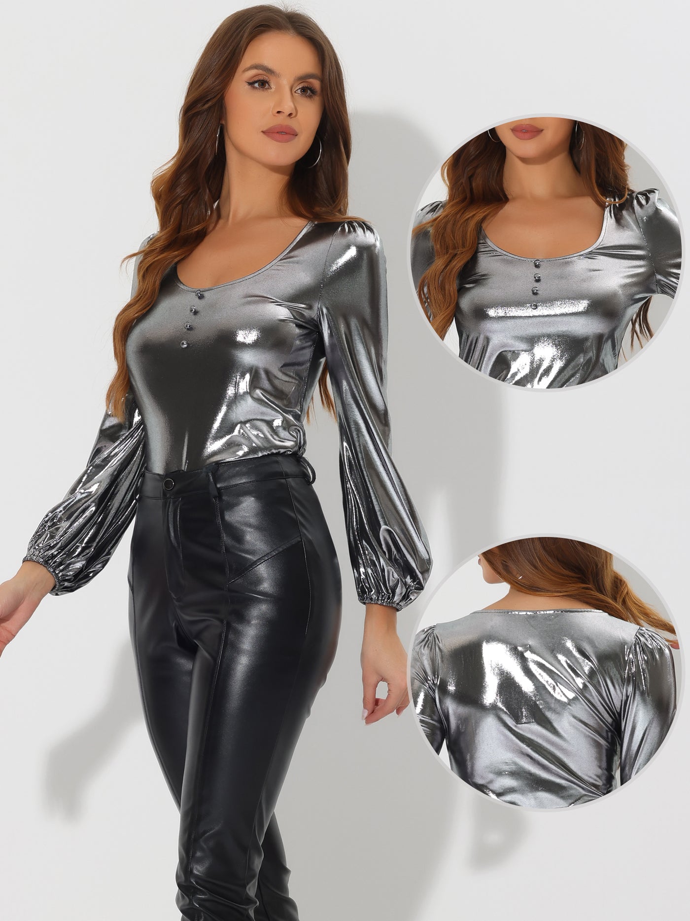 Allegra K Metallic Holographic Lantern Sleeve Party Shiny Glitter Blouse