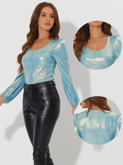 Metallic Holographic Lantern Sleeve Party Shiny Glitter Blouse