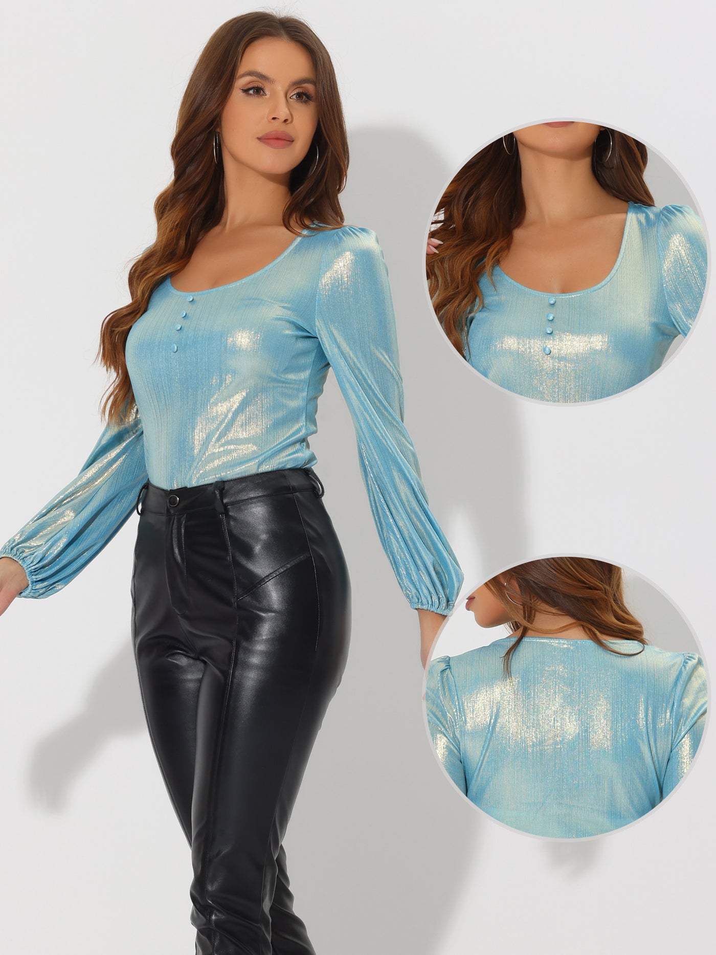 Allegra K Metallic Holographic Lantern Sleeve Party Shiny Glitter Blouse