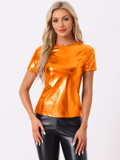 Party Metallic Textured Short Sleeve Shiny Multicolor Top