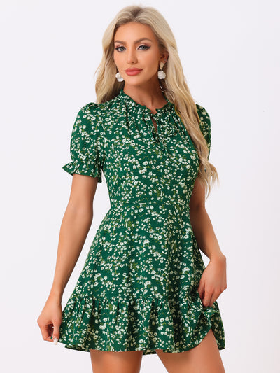 Summer Chiffon Tie Neck Puff Short Sleeve Floral Ruffle Smock Dress