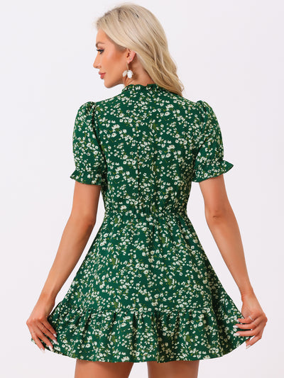 Summer Chiffon Tie Neck Puff Short Sleeve Floral Ruffle Smock Dress