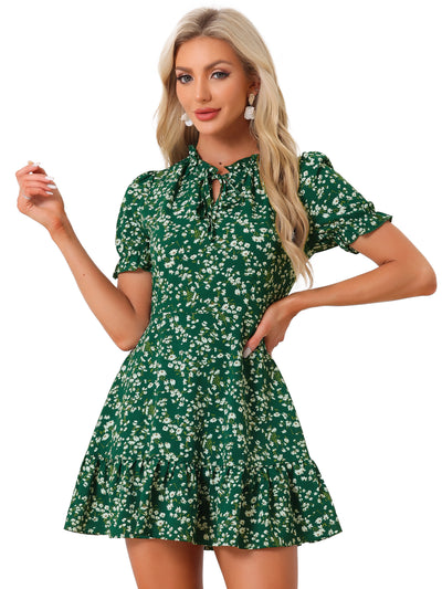 Summer Chiffon Tie Neck Puff Short Sleeve Floral Ruffle Smock Dress