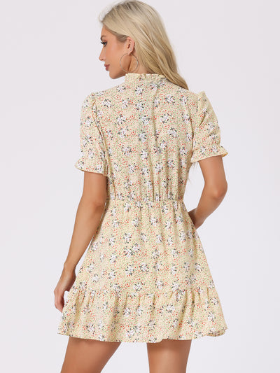 Summer Chiffon Tie Neck Puff Short Sleeve Floral Ruffle Smock Dress