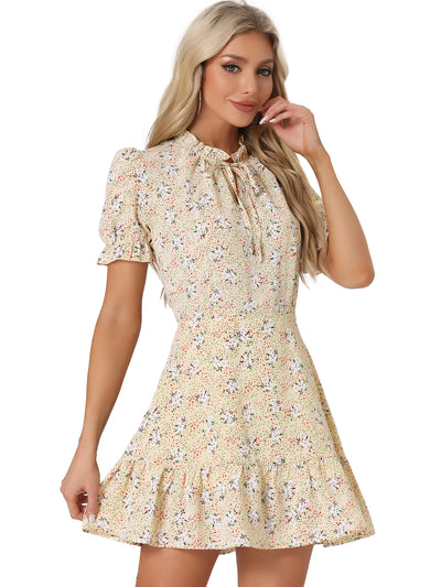 Summer Chiffon Tie Neck Puff Short Sleeve Floral Ruffle Smock Dress