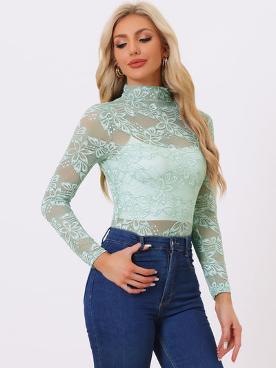 See Through Long Sleeve Turtleneck Sheer Floral Lace Blouse