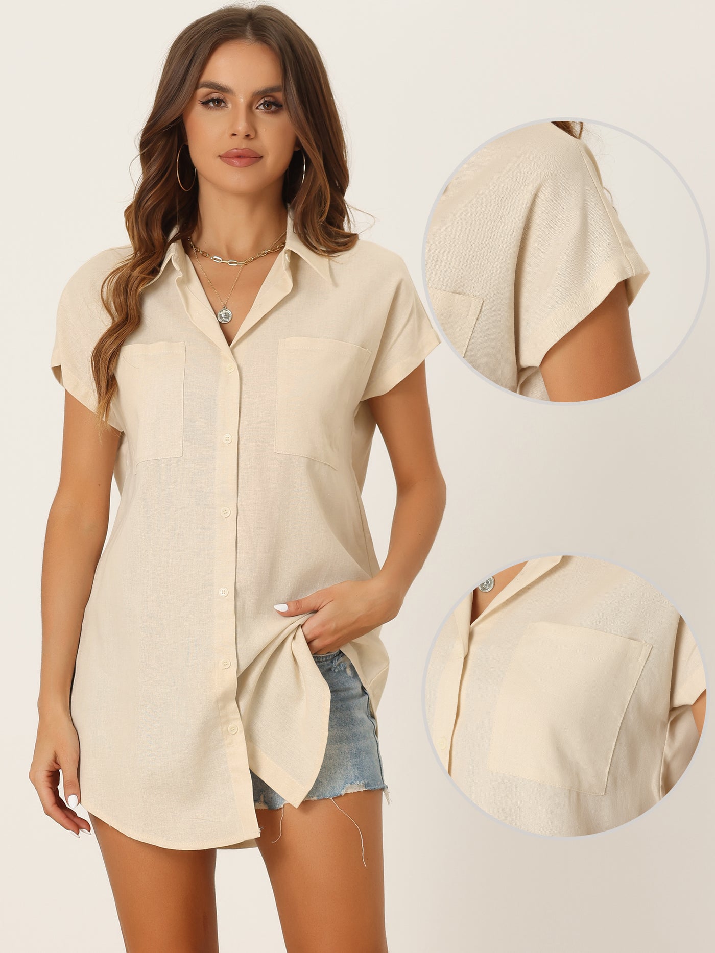 Allegra K Button Down Shirt Office Casual V Neck Pockets Short Sleeve Blouse Tops
