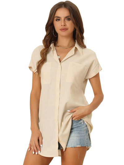 Button Down Shirt Office Casual V Neck Pockets Short Sleeve Blouse Tops